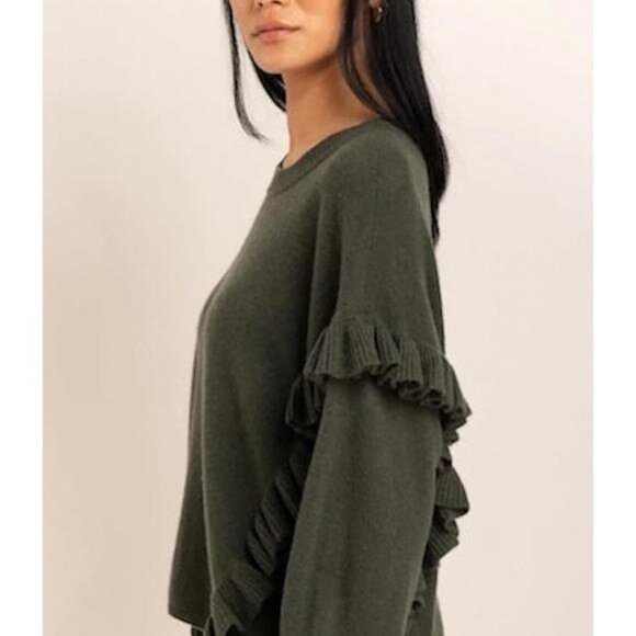 NWT Womens Crush Ribbed Durban Pure Cashmere Ruffle Khaki Green Sweater 1 US/S - Picture 2 of 13